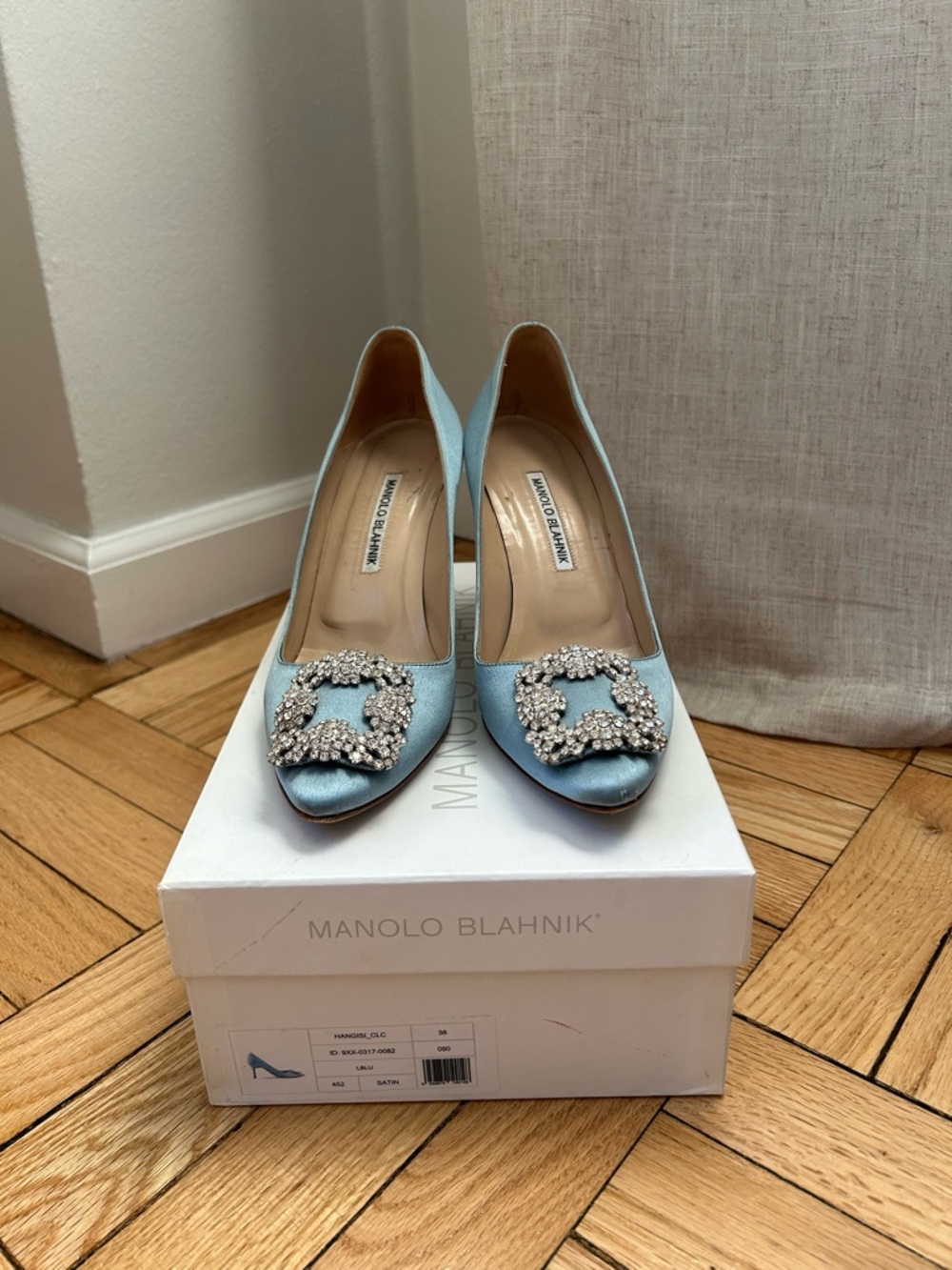 Manolo Blahnik Powder Blue Satin Crystal-Buckle Pump